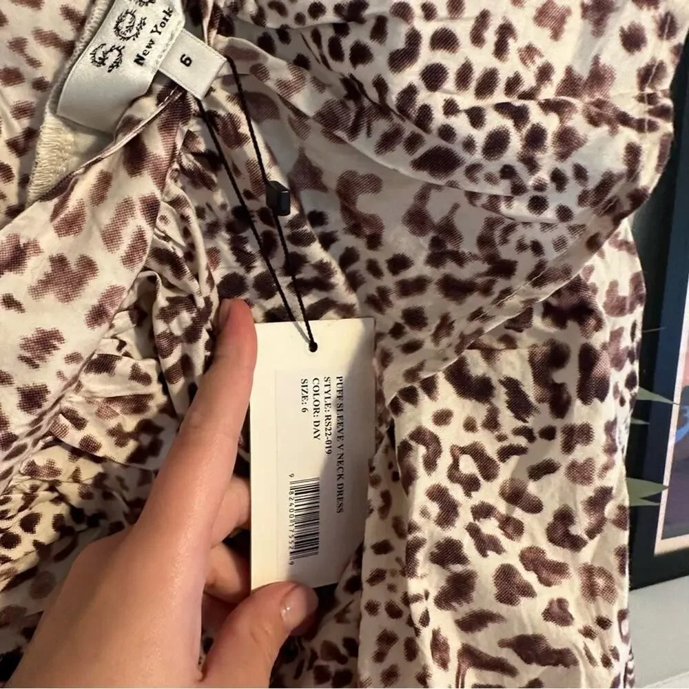 NWT Sea New York White Brown Animal Printed Puff Sleeve Maxi Dress 6